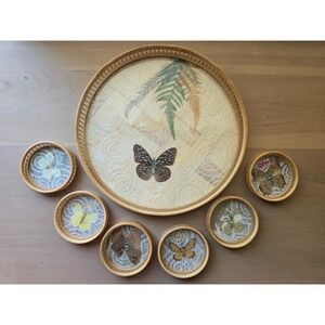 Vintage Butterfly Rattan Tray & Coaster Set – 7 Pc Glass Inlay Nature Decor